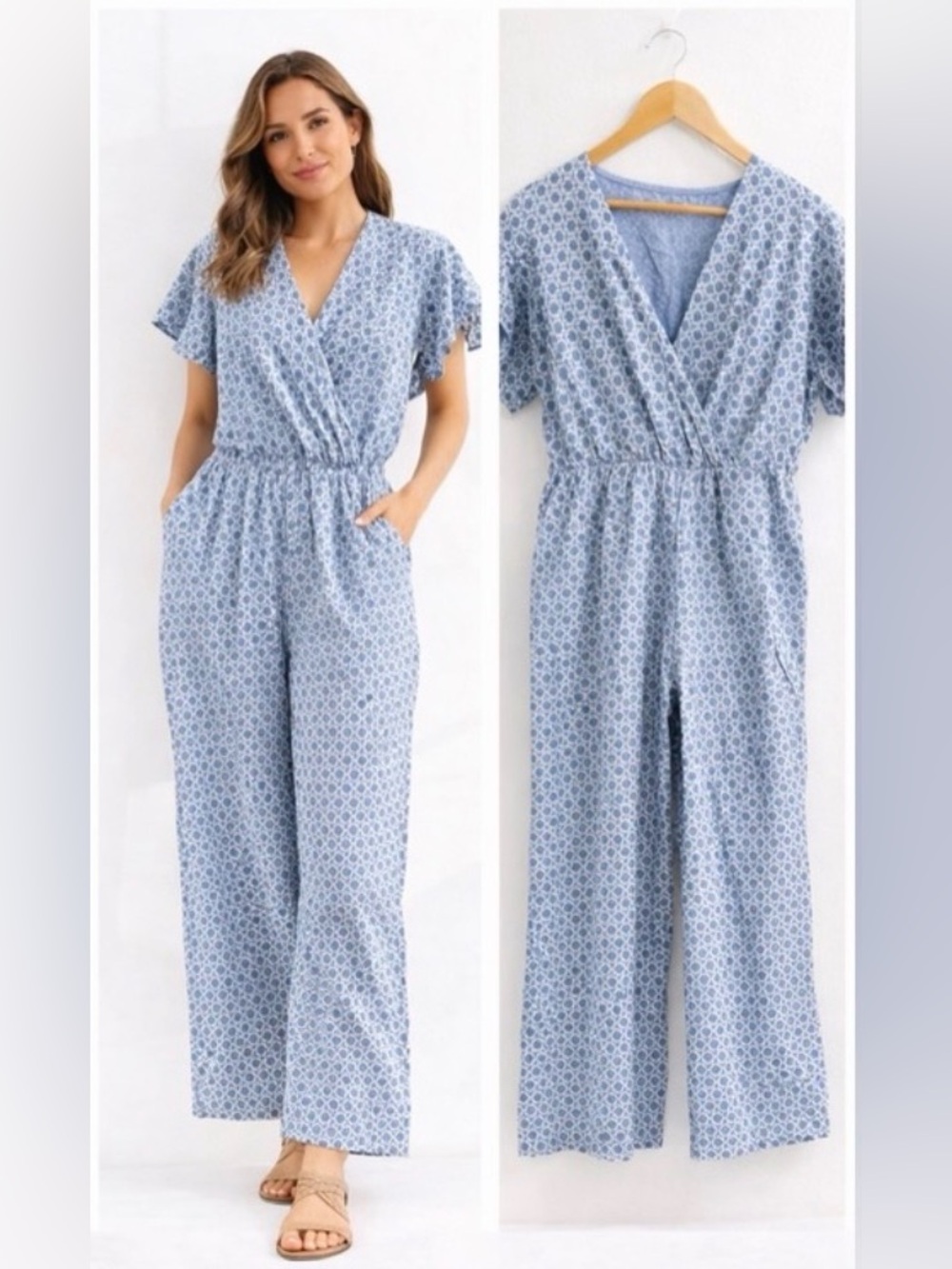 Made in Italy Blue Floral Jumpsuit Faux Wrap Elastic Waist Boho Coastal Wide Leg